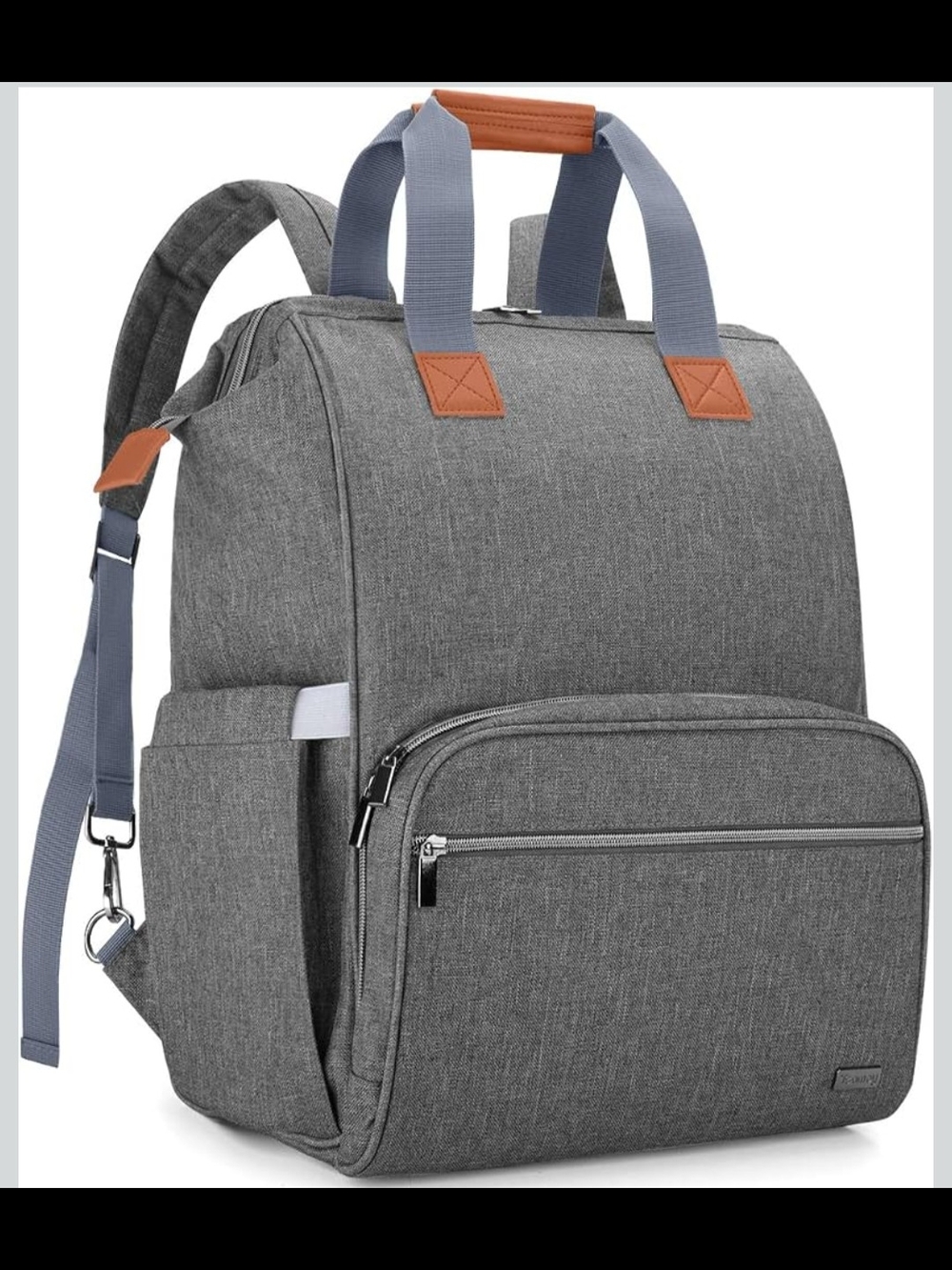 Gray Travel Backpack with Blue Straps and Tan Accents
